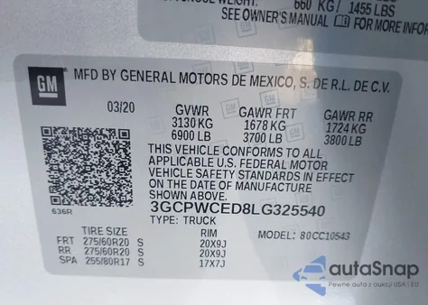 2020 Chevrolet Silverado 1500 2Wd Short Bed Lt z USA, uszkodzony, nr VIN 3GCPWCED8LG325540